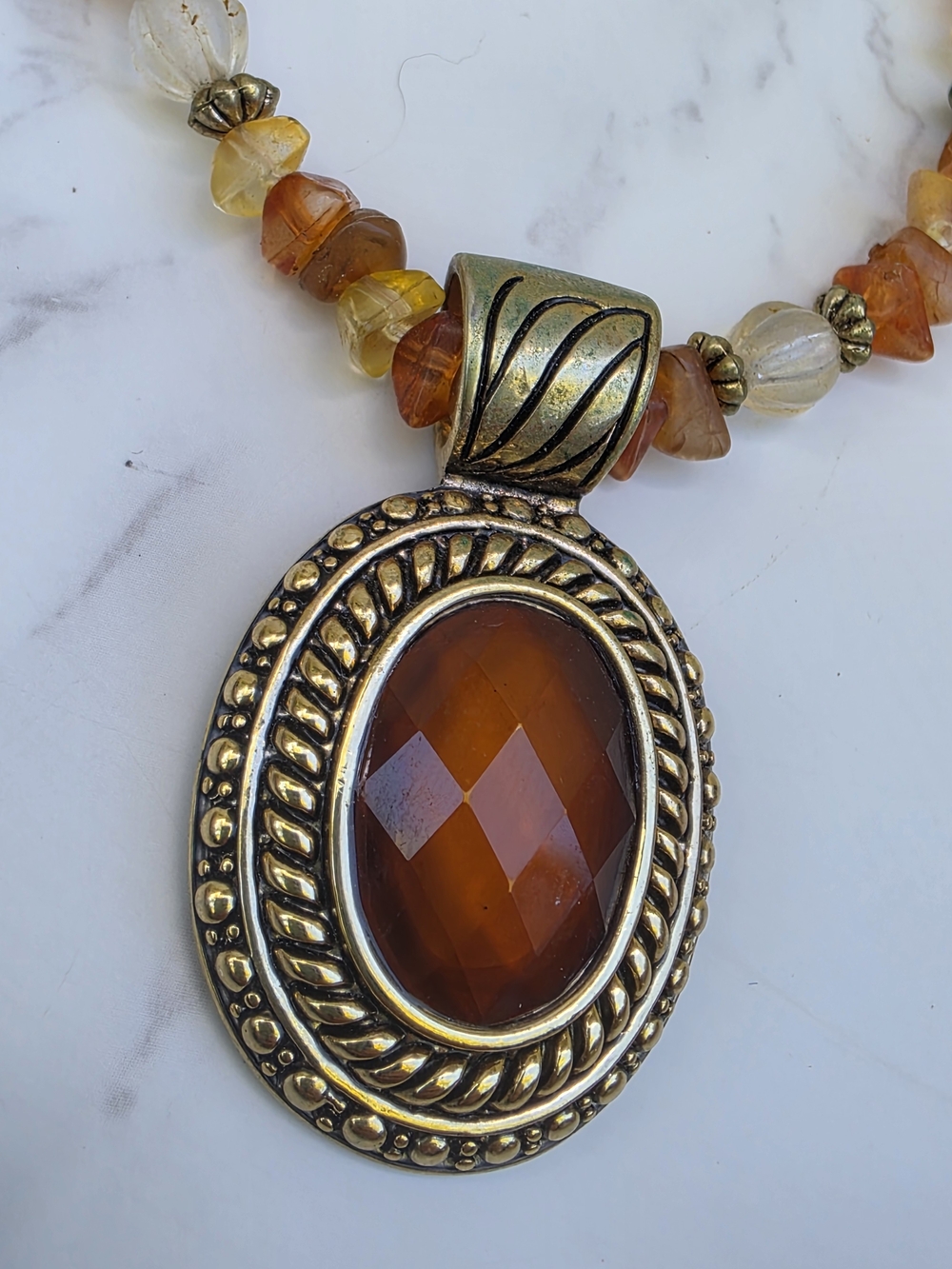Vintage Amber Tone Statement Necklace Matching Earrings Beaded Boho Jewelry Set